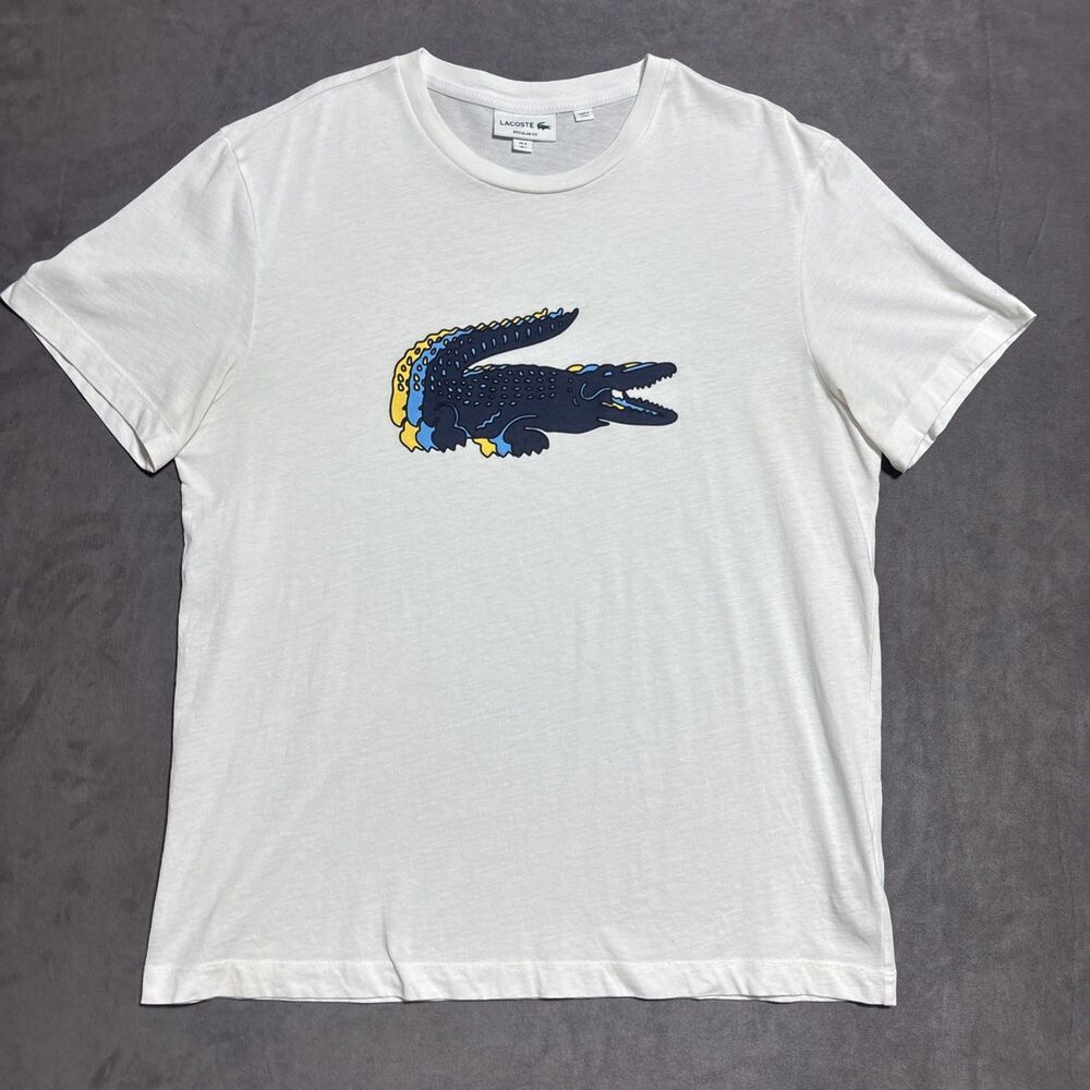 Lacoste Big Croc Crackle Logo Graphic T Shirt White Blue Mens L Preppy